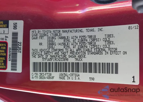 2012 Toyota Tundra Grade 5.7L V8 z USA, uszkodzony, nr VIN 5TFUW5F19CX233898